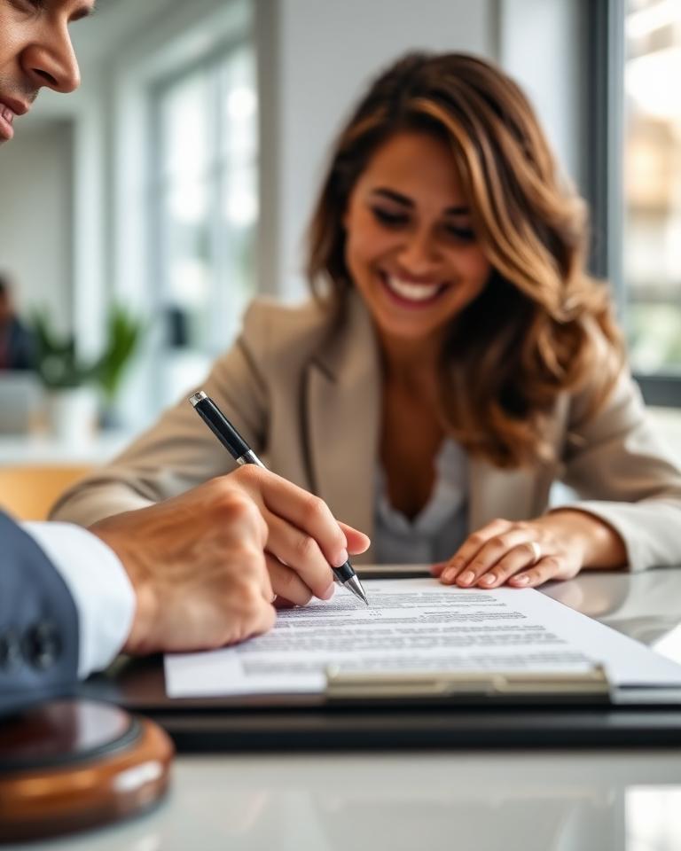 Cliente firmando una resolución oficial con su abogada